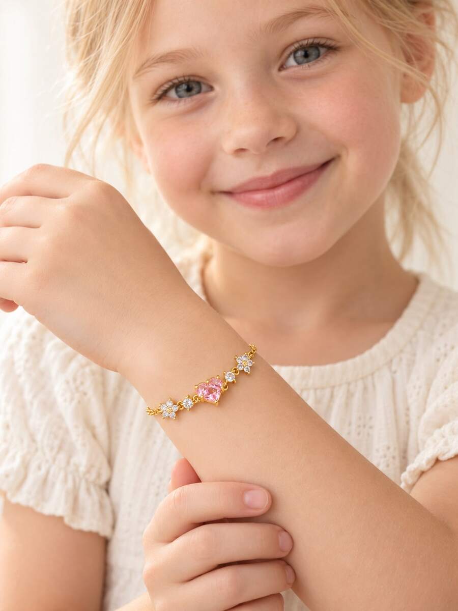 1pc Children Jewelry Gold Tone Pink Heart Cubic Zirconia Flower Charm Bracelet Sparkling Link Chain For Girl Birthday Party School Holiday Gift - Gold - View 1