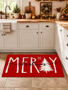 1pc Letter Print Kitchen Mat, Merry Christmas Letter Snowflake Pattern Rectangular Rug, Minimalist Winter Holiday Style Entryway Doormat, Suitable For Kitchen, Dining Room, Hallway, Entryway, Bedroom And Indoor Home Decor, Christmas Holiday Atmosphere Decorative Carpet - Multicolor - View 1