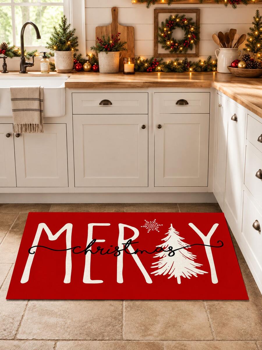 1pc Letter Print Kitchen Mat, Merry Christmas Letter Snowflake Pattern Rectangular Rug, Minimalist Winter Holiday Style Entryway Doormat, Suitable For Kitchen, Dining Room, Hallway, Entryway, Bedroom And Indoor Home Decor, Christmas Holiday Atmosphere Decorative Carpet - Multicolor - View 1