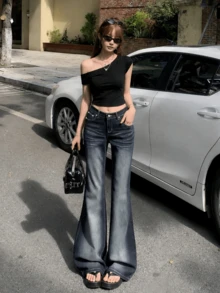 YEAE | Celana Jeans Flare Hitam Wanita, Celana Denim Panjang Kasual Tanpa Peregangan dengan Saku Kancing dan Detail Resleting untuk Musim Gugur - Dark Wash - View 3