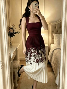 Vintage Black & White Print Pleated Skirt, Elastic Waist, Elegant Flowy Umbrella-Shaped Skirt - Burgundy - View 5