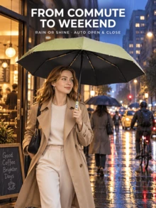 12-Rib Double-Reinforced Automatic Open/Close Folding Umbrella, 24 Ribs Total, Sturdy Wind-Resistant Frame, Extra-Large Canopy For Effective Rain Protection, 3-Fold Portable And Collapsible, Sun And Rain Dual Use, Minimalist Solid Color Business Style, Suitable For Daily Commute, Outdoor Travel, Business Trips And Sightseeing, Handles Heavy Rain And Strong Wind, Practical Rain Protection Tool For Home And Travel, Halloween, Thanksgiving, Christmas, Birthday Gift, Fully Automatic Open/Close - A - View 4