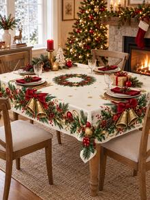 1pc Polyester Christmas Tablecloth, Red Bow Gold Bell Holly Wreath Print Xmas Holiday Table Cover, Traditional Festive Dining Table Decor For Christmas Party Dinner Kitchen Home - Multicolor - View 7