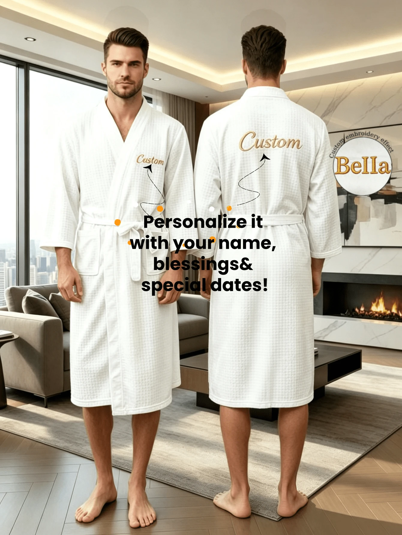 Custom Name Embroidery Waffle Kimono Unisex Robe Waffle Knit Couples Bathrobe Personalized Logo Spa & Hotel Spa Robe Self-Tie Belt Loose Fit Bathrobe - Multicolor - View 1