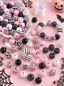 60pcs Pink Halloween Wooden Beads Handmade Craft Set - Soft Gothic Style Round Wooden Spacer Beads, Includes BOO Skull, Pumpkin, Spider Web Patterns, Comes With Elastic Cord, Suitable For DIY Bracelet Making, Layered Tray Wreath Decoration, Rustic Home Decor And Handicraft Creation. - Pink - View 2