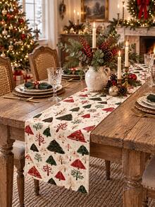 1pc Christmas Table Runner, Watercolor Christmas Tree Pine Branch Berry Print Tabletop Decor, Holiday Dining Room Kitchen Countertop Decoration, Christmas Family Dinner Party Table Centerpiece - Multicolor - View 12