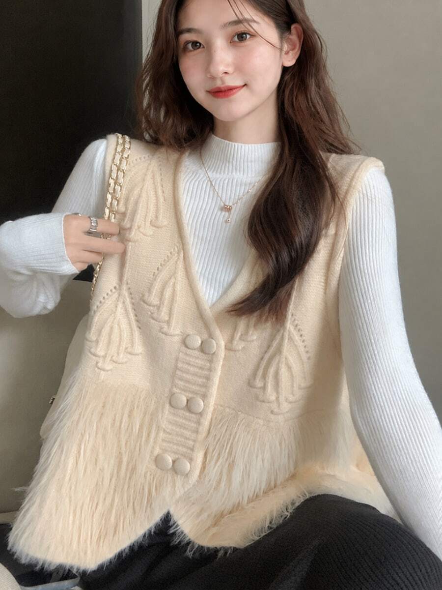 Women Sweater Vests Tombol Depan Kontras Faux Fur Plain Casual - Aprikot - View 1
