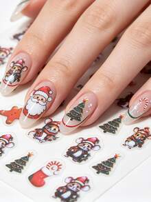 1pc Christmas Cartoon Mouse & Gingerbread Man Nail Stickers, Cute Christmas Socks, Wreath & Christmas Tree Nail Decals, Self-Adhesive Glitter Nail Art, Asymmetrical Shape, Suitable For Theme Parties - Multicolor - View 1