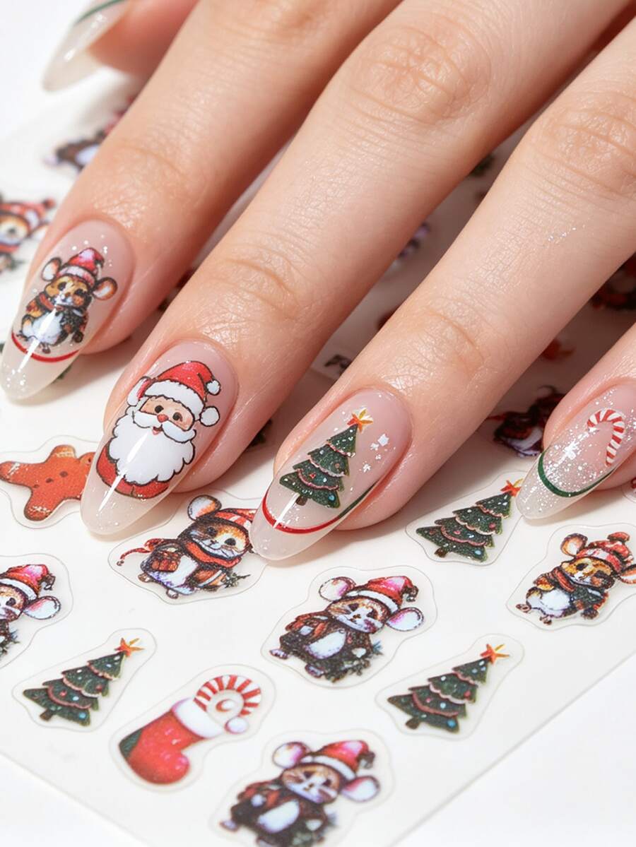 1pc Christmas Cartoon Mouse & Gingerbread Man Nail Stickers, Cute Christmas Socks, Wreath & Christmas Tree Nail Decals, Self-Adhesive Glitter Nail Art, Asymmetrical Shape, Suitable For Theme Parties - Multicolor - View 1