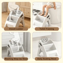 UBRAVOO 3 Tier Toddler Step Stool With Handles, Foldable Kids Learning Tower For Kitchen Counter, Cute Bear Potty Training Toilet Chair, Grey - Pink - View 3