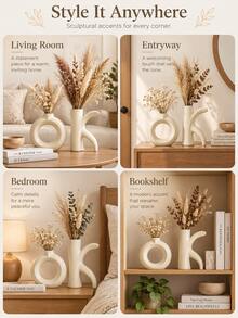 2pcs Beige Abstract Ring Resin Vase, Modern Hollow Circular Sculpture Style Vase, Suitable For Dried Flowers, Reed Grass And Branches, Wabi-Sabi Living Room Bookshelf Entryway Office Decor - Multicolor - View 6