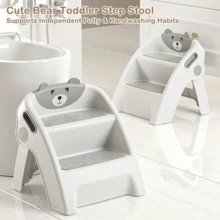 UBRAVOO 3 Tier Toddler Step Stool With Handles, Foldable Kids Learning Tower For Kitchen Counter, Cute Bear Potty Training Toilet Chair, Grey - Blue - View 4