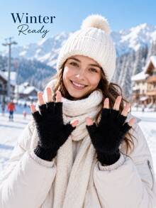 Women's Fleece Lined Warm Fingerless Gloves, Suitable For Autumn/Winter, Ideal For Office, Study, Writing, Driving And Cycling. Fingerless Design For Flexible Operation, Suitable For Halloween, Thanksgiving And Christmas. - Multicolor - View 2