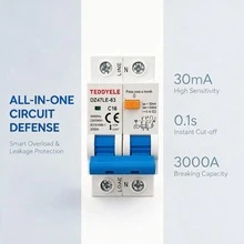 DZ47LE-63 RCBO 2P 剩餘電流斷路器 30mA 230V C16/C20/C32 過載短路漏電保護 微型斷路器 CE 認證 - 藍色 - 查看 2