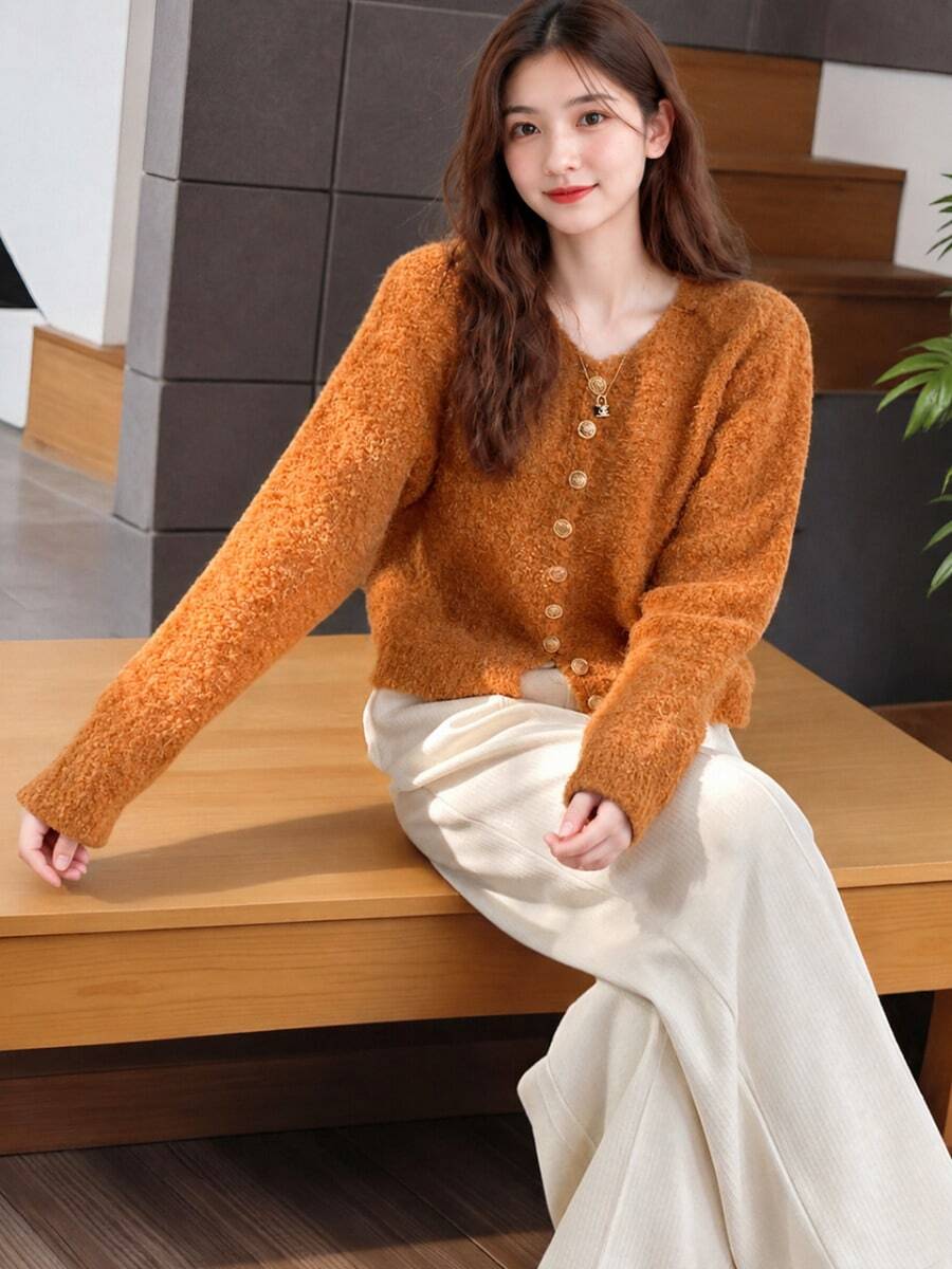 Alicedudu Women's Autumn/Winter New Special Yarn Round Neck Cardigan Sweater - Orange - View 1