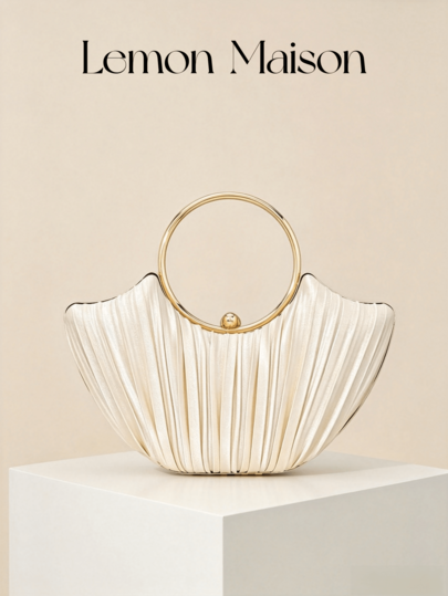 1pc Elegant Apricot Pleated Satin Evening Clutch Bag With Gold Round Handle And Pearl Lock, Premium Fan-Shaped Formal Handbag For Wedding Banquet Party