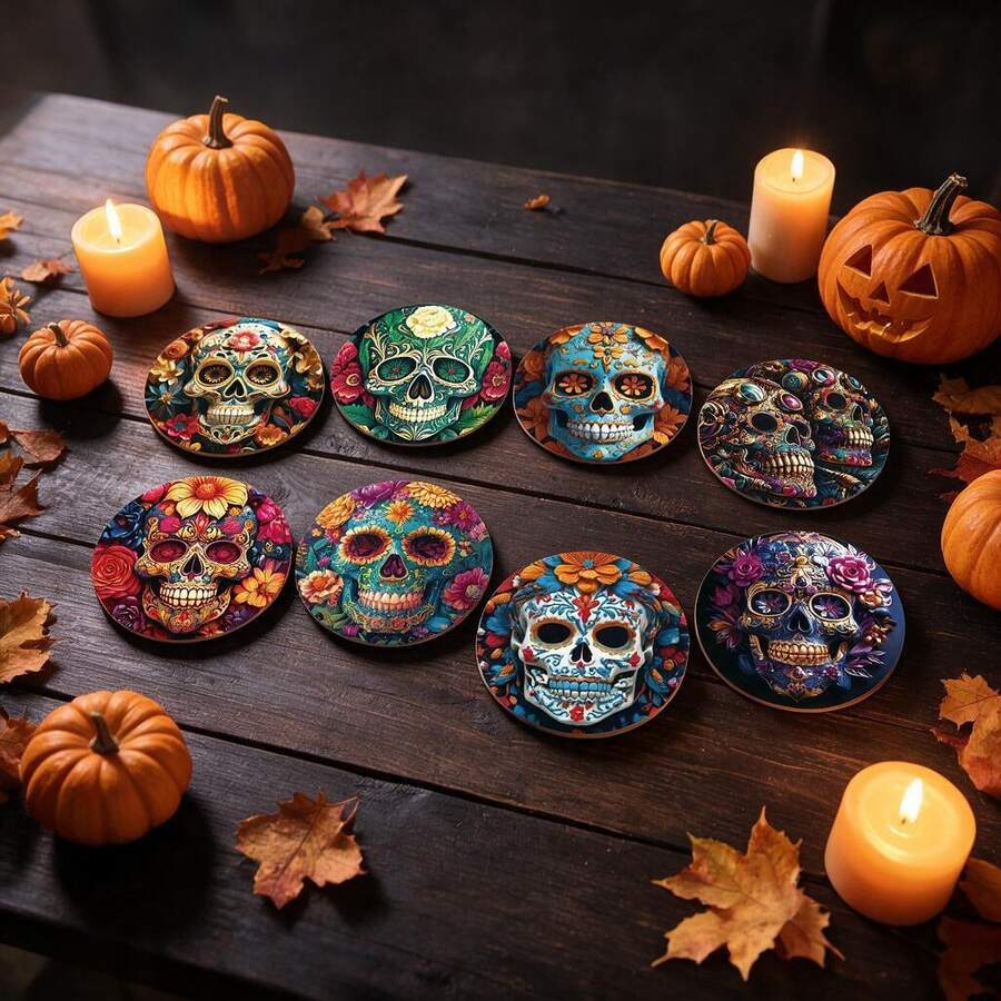 Halloween Wooden Round Coasters, Colorful Candy Skull & Floral Pattern Heat-Resistant Pads, Suitable For Home Kitchen Dining Table Party, Winter Holiday, Protect Desktop Decor, Halloween Decoration Gift - Coaster LDX2752 - View 1
