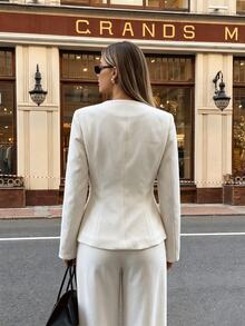 Women White Collarless Gold Button Blazer Round Neck Padded Shoulder Fitted Waist Slim Office Work Jacket - Beige - View 3