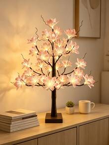 1PC LED Fiber Optic Flower Tree Light, 60CM 24Lights Tabletop Lamp, USB & 3AA Battery Powered, Constant Light Mode, Pink Magnolia, Home Bedroom Living Room Decor, Wedding Holiday Desktop Ornament, Gift - Yellow - View 2