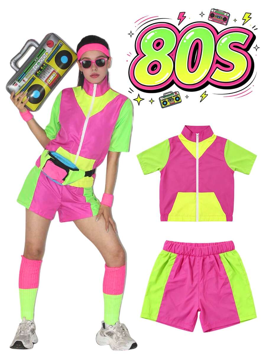 Women's 80s Retro Aerobics Costume, Color Block Zip Up Top & Shorts Set, 90s Workout Outfit For Halloween Cosplay Party Fall - Hot Pink - View 1