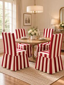1/4/6pcs Red Striped Print Milk Silk Skirt Chair Covers, Fashionable Polyester Thickened High Elasticity All Season Universal Chair Protector Home Decor - Multicolor - View 9