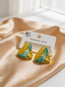 Geometric Triangle Enamel Stud Earrings, Gold Textured Stainless Steel Ear Posts, Color-Block Women's Party Jewelry - Multicolor - View 5