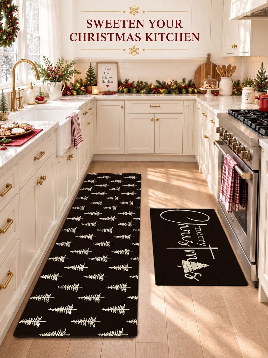 1/2pcs Christmas Floor Mat, Christmas Tree Pattern Merry Christmas Kitchen Rug, Winter Home Decor Low-Key Kitchen Carpet, Christmas Holiday Gift! - Multicolor - View 1