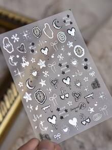 1 Set Decor Stickers With Tweezer, Phone Stickers, Stickers, Y2K Silver Metallic Motif, Heart, Clock, Moon, Star, Bow & Starburst Graphic Decals, For Instant Camera, Laptop, Phone Case, Gift Card, Gift Decoration - Liquid Metal Sticker - View 5