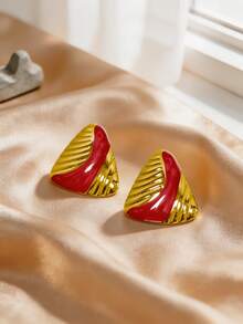 Geometric Triangle Enamel Stud Earrings, Gold Textured Stainless Steel Ear Posts, Color-Block Women's Party Jewelry - Multicolor - View 4