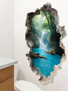 1pc Creative Vintage Valley Waterfall Landscape Wall Sticker - Removable Glossy Plastic Decal, Suitable For Classroom, Bedroom, Office, Living Room Decoration - Multi-Surface Home And Commercial Wall Art, Landscape Mural, Classroom Decor - Multicolor - View 3