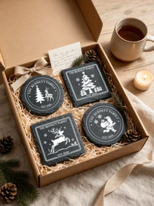 Personalized Christmas Slate Coasters, Custom Family Name & Date Natural Black Stone Drink Coaster, Cup Mats With Reindeer Christmas Tree Santa Design, Heat Resistant For Dining Table Holiday Decor Xmas Housewarming Family Keepsake Gift - Multicolor - View 2