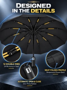 12-Rib Double-Reinforced Automatic Open/Close Folding Umbrella, 24 Ribs Total, Sturdy Wind-Resistant Frame, Extra-Large Canopy For Effective Rain Protection, 3-Fold Portable And Collapsible, Sun And Rain Dual Use, Minimalist Solid Color Business Style, Suitable For Daily Commute, Outdoor Travel, Business Trips And Sightseeing, Handles Heavy Rain And Strong Wind, Practical Rain Protection Tool For Home And Travel, Halloween, Thanksgiving, Christmas, Birthday Gift, Fully Automatic Open/Close - A - View 10