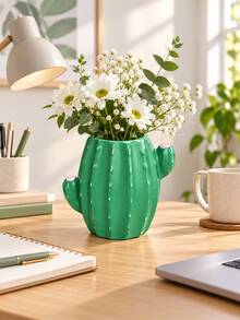 1pc Green Cactus Vase, Cute Cactus Shaped Decorative Flower Vase For Floral Arrangements, Unique Tabletop Centerpiece For Living Room Dining Table Kitchen Bedroom Office And Home Decor - 1PC - View 6