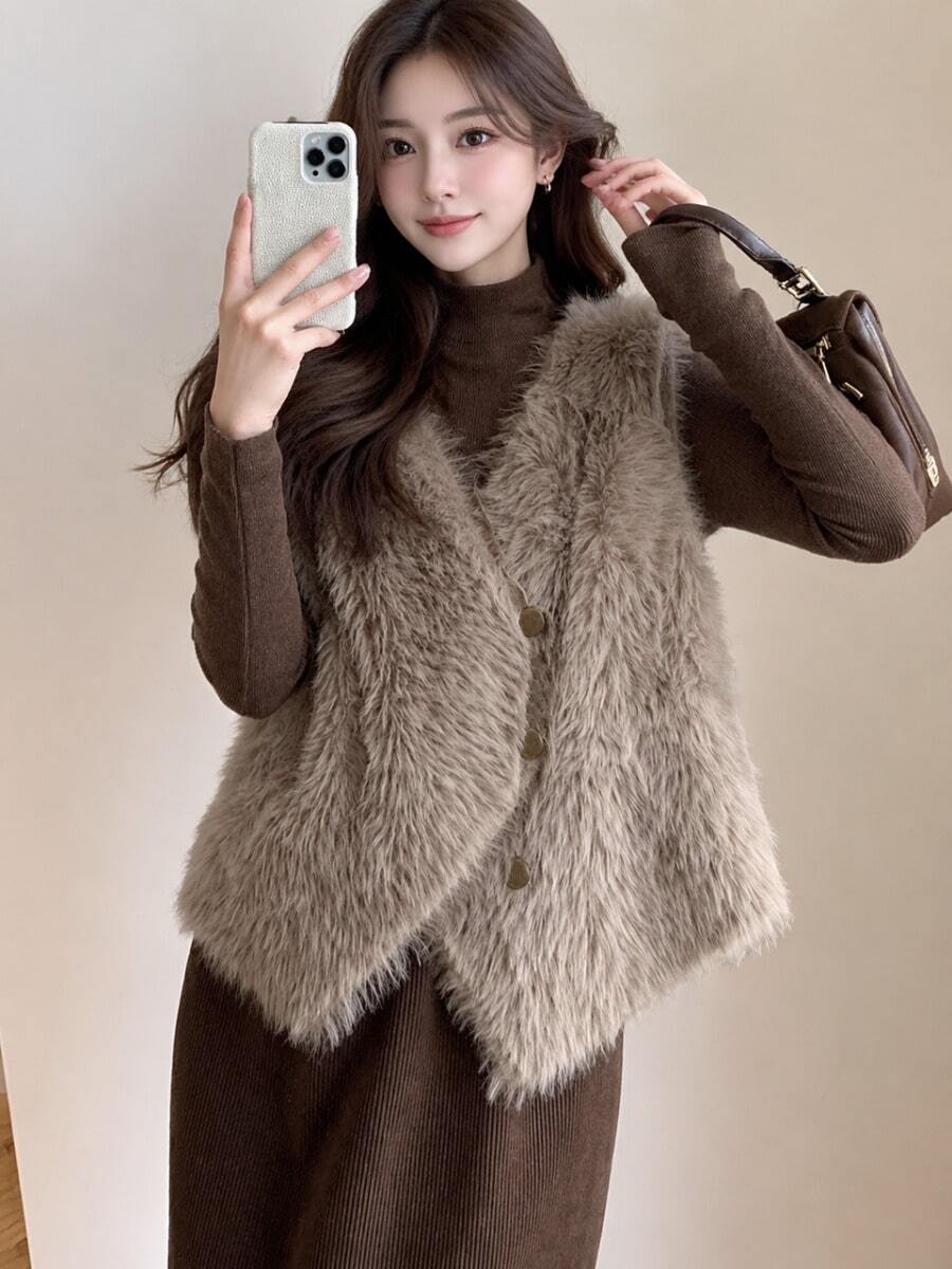 Women Casual Double-Breasted Fluffy V-Neck Cardigan Vest, Autumn/Winter - Khaki - View 1