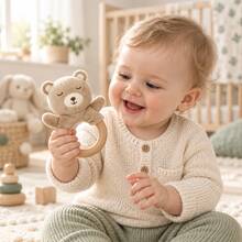 Cute Bear Baby Rattle, Soft Plush Wooden Ring Rattle Toy, Newborn Grasping Toy, 0-12 Months, Baby Shower Gift - Multicolor - View 6