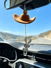 1pc Geometric Bead Cowboy Hat Rabbit Car Hanging Ornament, Brown Fuzzy Hat Silver Rhinestone Bunny Metal Chain Rearview Mirror Pendant Boho Gift - Hat Rabbit - View 1