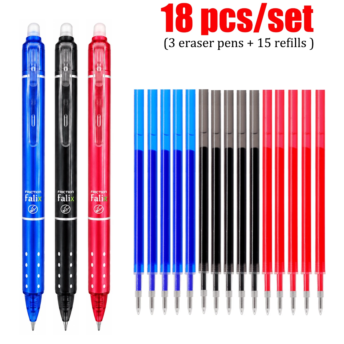18-Piece Erasable Gel Pen Set, 3 Retractable Erasable Pens With 15 Refills, Blue Black Red Ink, Smooth Writing Refillable Pens For School Office Notes Journaling, Student Stationery Supplies(3pens + 15 Refills) - Multicolor - View 1