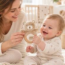 Cute Bear Baby Rattle, Soft Plush Wooden Ring Rattle Toy, Newborn Grasping Toy, 0-12 Months, Baby Shower Gift - Multicolor - View 11