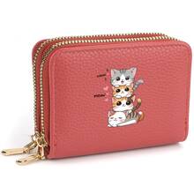 1pc Stacked Cartoon Cat Pattern Litchi Texture PU Leather Double Zipper Accordion Multi-Slot Compact Short Wallet Card Holder, Cute Girly Style, Suitable For Girls To Store Bank Cards And Coins - Multicolor - View 4