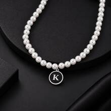 1pc Simple Vintage Round Initial Pendant Beaded Necklaces For Men - White - View 3