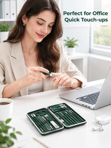 16 In 1 Nail Care Set Stainless Steel Manicure Pedicure Kit Portable Green Leather Case For Travel Home Grooming - Dark Green - View 2