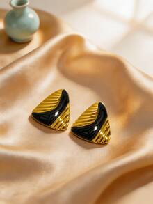 Geometric Triangle Enamel Stud Earrings, Gold Textured Stainless Steel Ear Posts, Color-Block Women's Party Jewelry - Multicolor - View 12