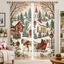 2pcs Vintage Winter Snow Scene Cabin Print Decorative Curtains, Rod Pocket Design, Easy Installation & Removable, Polyester Material, Suitable For Cozy Rustic Farmhouse Bedroom, Living Room, Retro Christmas Home Decor - Multicolor - View 6