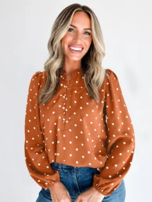 Acelitt Women's Casual Polka Dot Half-Button Puff Sleeve Long Sleeve Top, Suitable For Spring/Autumn Vacation - Brown - View 1