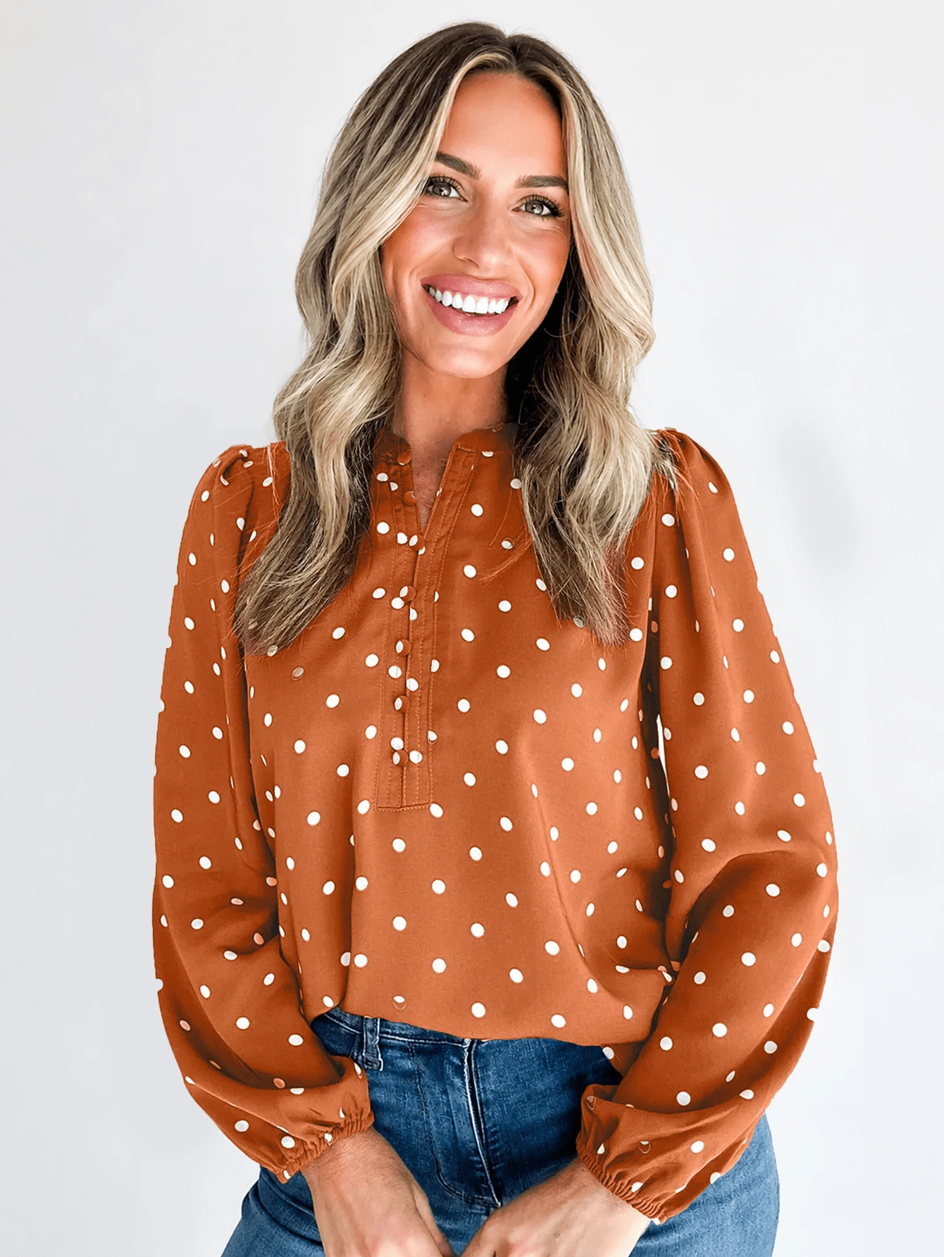 Acelitt Women's Casual Polka Dot Half-Button Puff Sleeve Long Sleeve Top, Suitable For Spring/Autumn Vacation - Brown - View 1