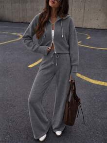 Knitwear Two Pieces; Cozy Ribbed Knit Co-Ords Ribbed Two Pieces Set– Long Sleeve Pullover And Relaxed Wide-Leg Pants Knit Two Pieces,Autumn/ Winter - Grey - View 11