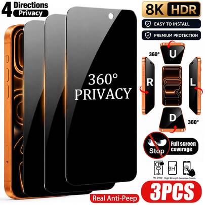 CASECOPS 3팩 360도 4방향 프라이버시 보호 유리 18 Pro Max/18 Pro/18/17 Pro Max/16 Pro/15 Pro Max/14/13/12/11/X 시리즈용. 진정한 프라이버시 보호 - 4방향 안티 스파이, 99.98% 빛 투과율, 9H+ 경도, 파손 방지, 전체 커버리지, 긁힘 방지, HD 클리어