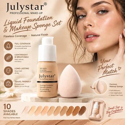 Julystar Soft Matte Long-Wear Liquid Foundation, Multiple Colors Available, Comes With Makeup Sponge, Lightweight Liquid Texture, Waterproof, Sweat-Resistant, Oil-Control, Concealing, Suitable For Daily, Party, Holiday Makeup; Easily Create Flawless Soft Matte Base Makeup, Easy To Apply And Blend, Beginner-Friendly. Suitable For Daily Commute Makeup, Makeup Enthusiasts, Makeup Artists Daily Preparation.