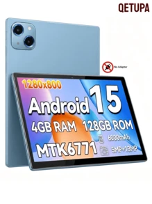 Qetupa 10.1 吋 Android 15 平板電腦，4GB RAM 64/128GB ROM，四核心 1.8GHz 處理器，HD 1280×800 IPS 觸控螢幕，5MP 前置與 13MP 後置鏡頭，6000mAh 電池，不支援 SIM 卡（無變壓器） - 藍色 - 查看 1
