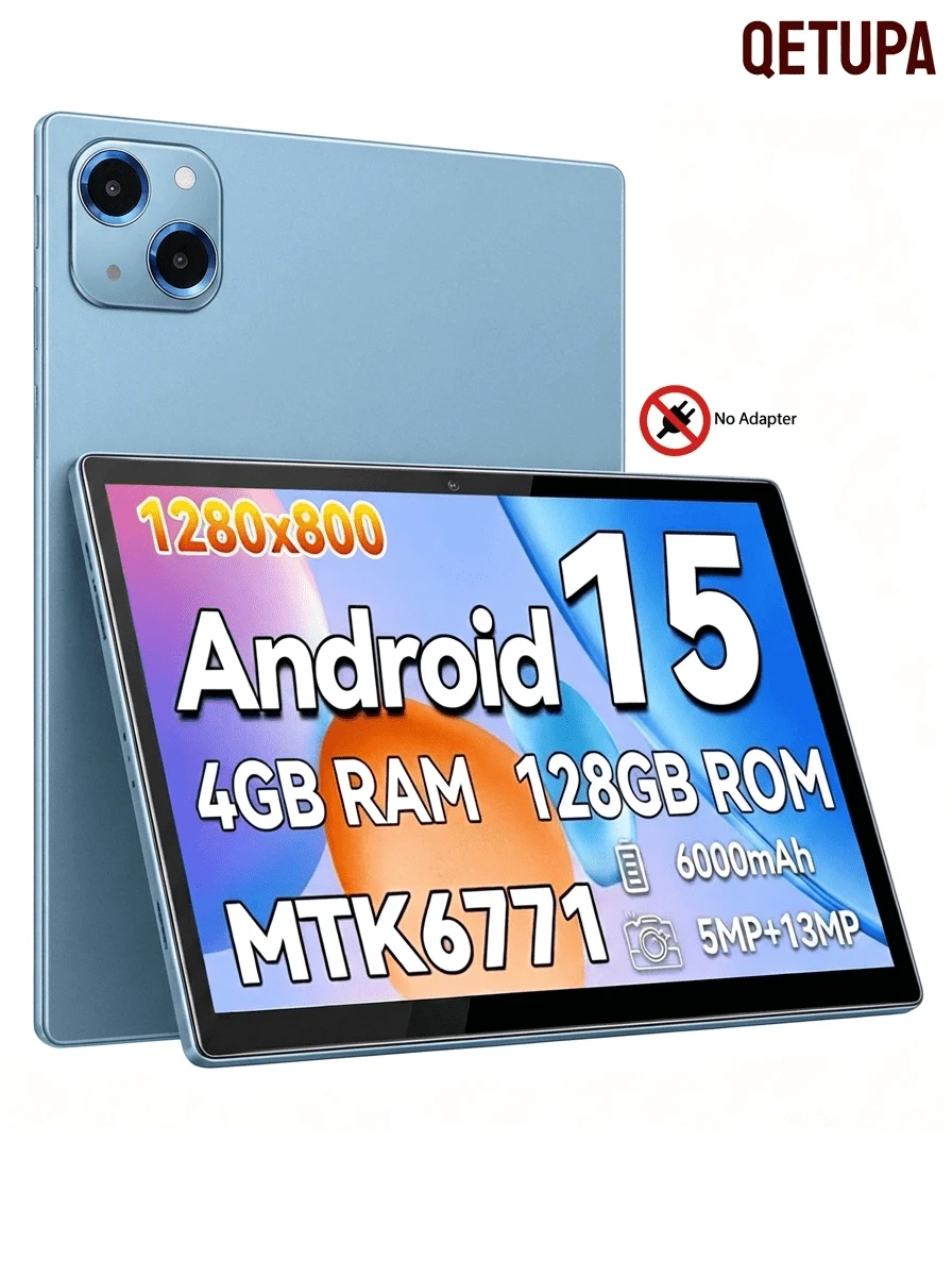 Qetupa 10.1 吋 Android 15 平板電腦，4GB RAM 64/128GB ROM，四核心 1.8GHz 處理器，HD 1280×800 IPS 觸控螢幕，5MP 前置與 13MP 後置鏡頭，6000mAh 電池，不支援 SIM 卡（無變壓器） - 藍色 - 查看 1